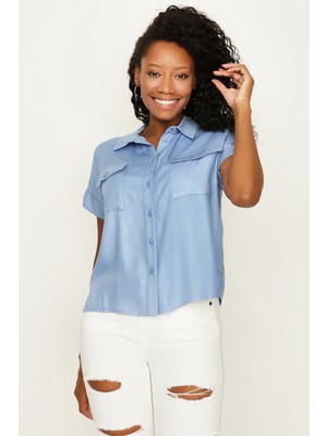 Select Moda Kadın Mavi Önden Cepli Gömlek
