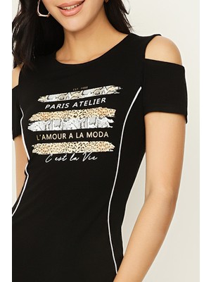 Select Moda Kadın Siyah Omuz Dekolteli Örme Bodycon Elbise