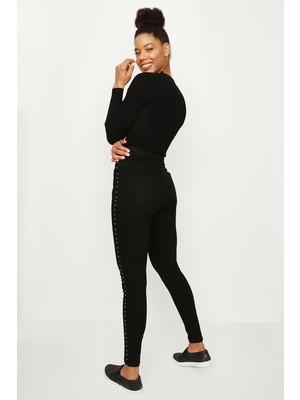 Select Moda Kadın Siyah Taş Detaylı Yüksek Bel Skinny Jeans