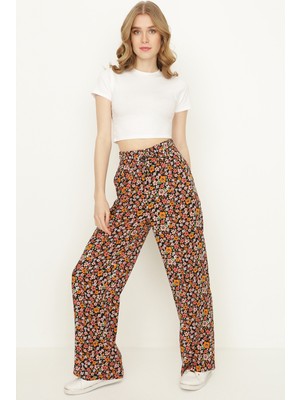 Select Moda Kadın Siyah Çiçek Desenli Geniş Paça Pantolon