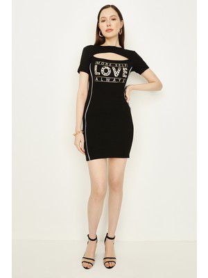 Select Moda Kadın Siyah Önü Pencere Detaylı Bodycon Elbise