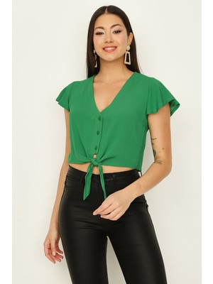 Select Moda Kadın Ekru V Yaka Önden Bağlamalı Crop Gömlek