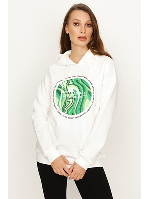 Select Moda Kadın Ekru Kapüşonlu Önü Baskılı Şardonlu Sweatshirt