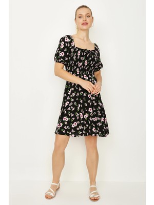 Select Moda Kadın Siyah Çiçek Desenli Elbise