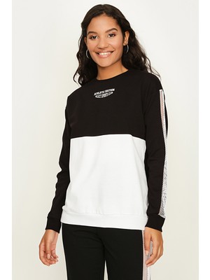 Select Moda Kadın Siyah Renk Bloklu Kolları File Detaylı Basic Örme Sweatshirt