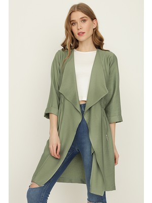 Select Moda Kadın Haki Şal Yaka Beli Lastikli Uzun Ceket