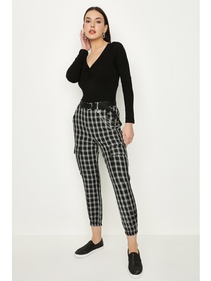 Select Moda Kadın Kareli Kemerli Paçası Lastikli Kargo Pantolon