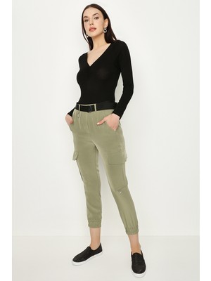 Select Moda Kadın Haki Basic Paçası Lastikli Kargo Pantolon
