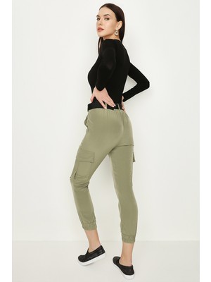 Select Moda Kadın Haki Basic Paçası Lastikli Kargo Pantolon