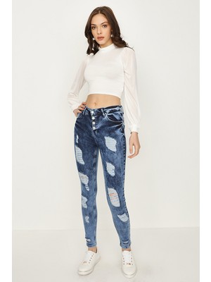 Select Moda Kadın Mavi Yırtık  Detaylı Yüksek Bel Skinny Jeans