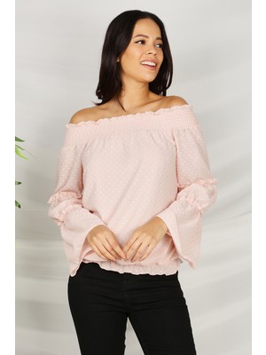 Select Moda Kadın Pudra Kayık Yaka Beli Büzgülü Bluz