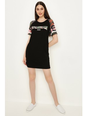 Select Moda Kadın Siyah Kamuflaj Detaylı Bodycon Elbise