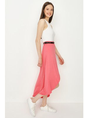Select Moda Kadın Pembe Kemerli Asimetrik Kesim Midi Etek