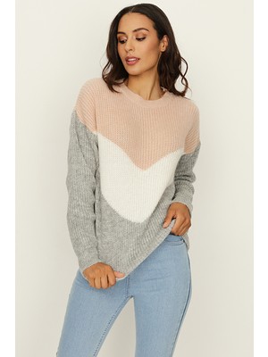 Select Moda Kadın Pembe Renk Bloklu Triko Kazak
