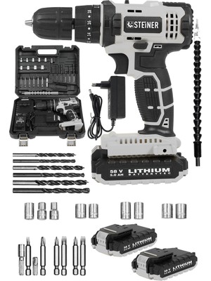 Steiner Alman Sta 58 V 5 Ah Darbeli Çift Akülü Metal Dişli Şanzuman Şarjlı Vidalam Matkap + 24 Parça Set