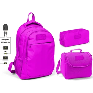 Coral High Kız Çocuk Koyu Pembe 3'lü Çanta Takımı - USB Soketli