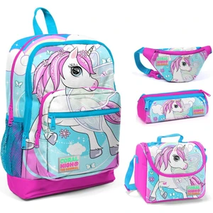 Coral High Pembe-Mavi Unicorn Baskılı Kız Çocuk 4'lü Ilkokul Çanta Seti