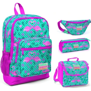 Coral High Pembe-Yeşil Flamingolar Baskılı Kız Çocuk 4'lü Ilkokul Çanta Seti