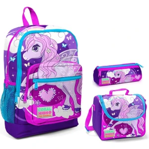 Coral High Mor Unicorn Baskılı Kız Çocuk 3'lü Ilkokul Çanta Seti