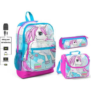 Coral High Unicorn Baskılı Kız Çocuk Ilkokul Çanta Seti - USB Çıkışlı