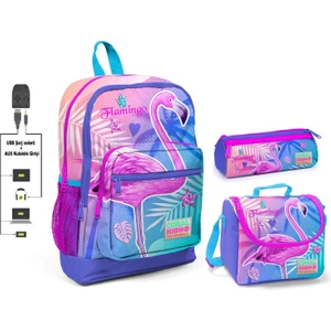 Coral High Pembe Flamingo Baskılı Kız Çocuk Ilkokul Çanta Seti - USB Çıkışlı
