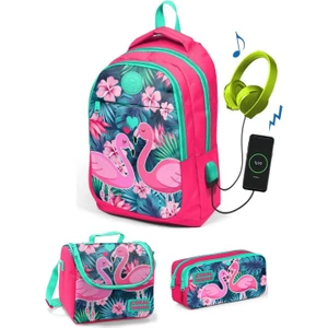Coral High Kız Çocuk Narçiçeği Flamingo 3'lü Çanta Takımı - USB Soketli