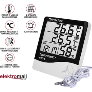 Htc-2 Dijital Termometre Saat Nem ve Sıcaklık Ölçer Iç Dış Mekan