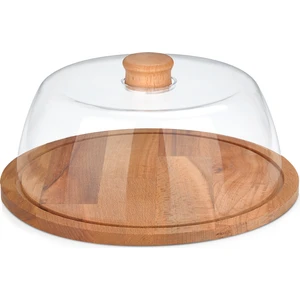 Swan 29 cm Şeffaf Kek Fanusu Ahşap Tabanlı Plastik Kapaklı Doğal Desenli