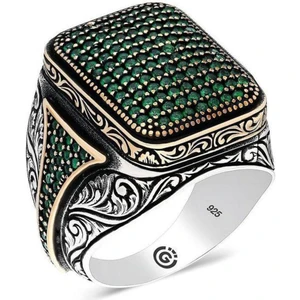 Osmanlı Gümüş Homero Yeşil Zirkon Yanı Taşlı Işlemeli Özel Seri Erkek Gümüş Yüzük