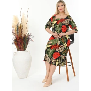 Kadın Büyük Beden Kare Yaka Truvakar Kol Esnek Viskon Elbise