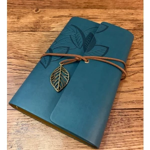 Yaprak Tasarımlı Retro Deri Defter + Kalem Hediyeli (Petrol Mavisi)