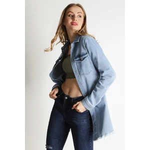 Select Moda Kadın Mavi Etekleri Püsküllü Çıtçıt Kapamalı Gömlek Elbise