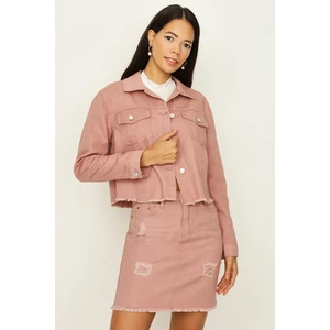 Select Moda Kadın Pembe Düğmeli Püsküllü Crop Denim Ceket