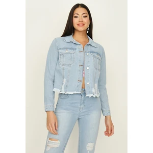 Select Moda Kadın Açık Mavi Düğmeli Etek Ucu Püsküllü Crop Denim Ceket