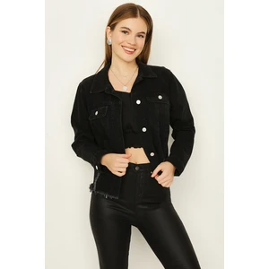 Select Moda Kadın Siyah Düğmeli Etek Ucu Püsküllü Crop Denim Ceket