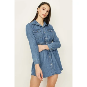 Select Moda Kadın Mavi Beli Lastikli Denim Elbise