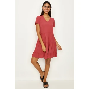 Select Moda Kadın Kiremit V Yaka Geniş Kesim Mini Elbise