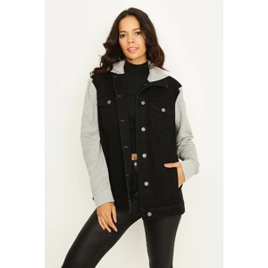 Select Moda Kadın Siyah Kapüşonlu Kolları Penye Oversize Denim Ceket