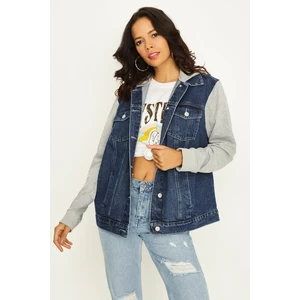 Select Moda Kadın Siyah Kapüşonlu Kolları Penye Oversize Denim Ceket