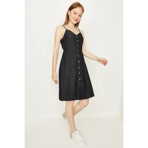 Select Moda Kadın Koyu Mavi Askılı Düğmeli Mini Denim Elbise