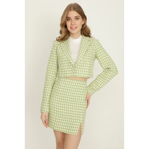 Select Moda Kadın Yeşil Kazayağı Desen Crop Ceket