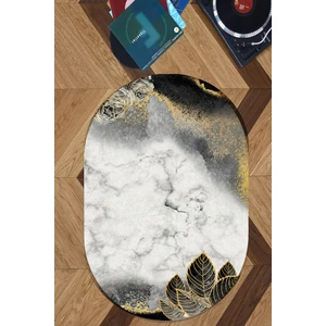 Esta Halı Esta Siyah-Gold Yaprak Gül Desen Oval Halı (Makinada Yıkanabilir Kaymaz Dod Taban) - ES1095
