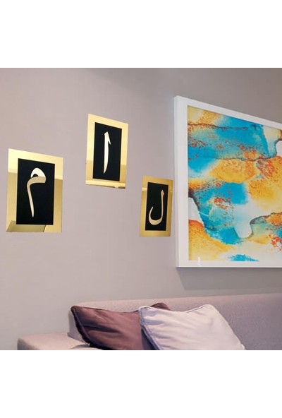 Kemson Elif Lam Mim Gold Ayna Pleksi Duvar Tablo Seti Gold 26*16