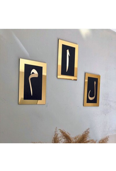 Kemson Elif Lam Mim Gold Ayna Pleksi Duvar Tablo Seti Gold 26*16