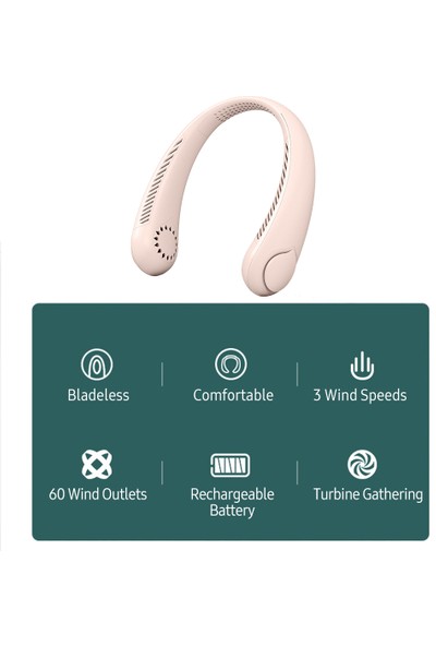 Mumall 1800mAh 3 Kademeli Taşınabilir USB Boyun Fanı - Pembe (Yurt Dışından)