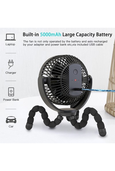 5000MAH Şarj Edilebilir Pille Çalışan Klipsli Fan Esnek Tripodlu 360 ° Dönebilen Sessiz USB Klipsli Fan Üzerinde Seyahat İçin 3 Hız ile Ofis Odası Açık Hava Arabası Bisikleti (Yurt Dışından)