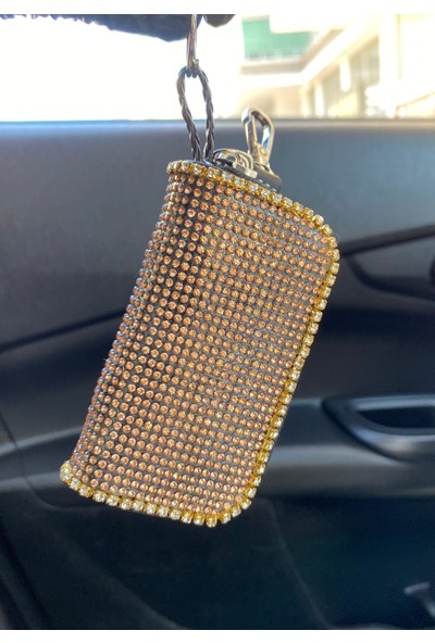 Oto Aksesuarcım Kristal Taşlı Deri Bayan Mini Çantalı Cüzdan Oto Anahtarlık Altın Sarı