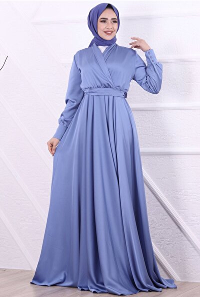 Stilife Şal Yaka Elbise-Mavi