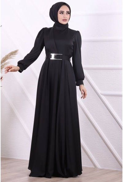Stilife Sağ Omuz Detaylı Kemerli Saten Elbise-Siyah