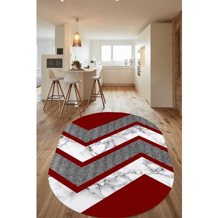 Esta Kırmızı Zikzak ve Mermer Desenli Oval Halı (Makinada Yıkanabilir Kaymaz Dot Taban) - ES1255-2